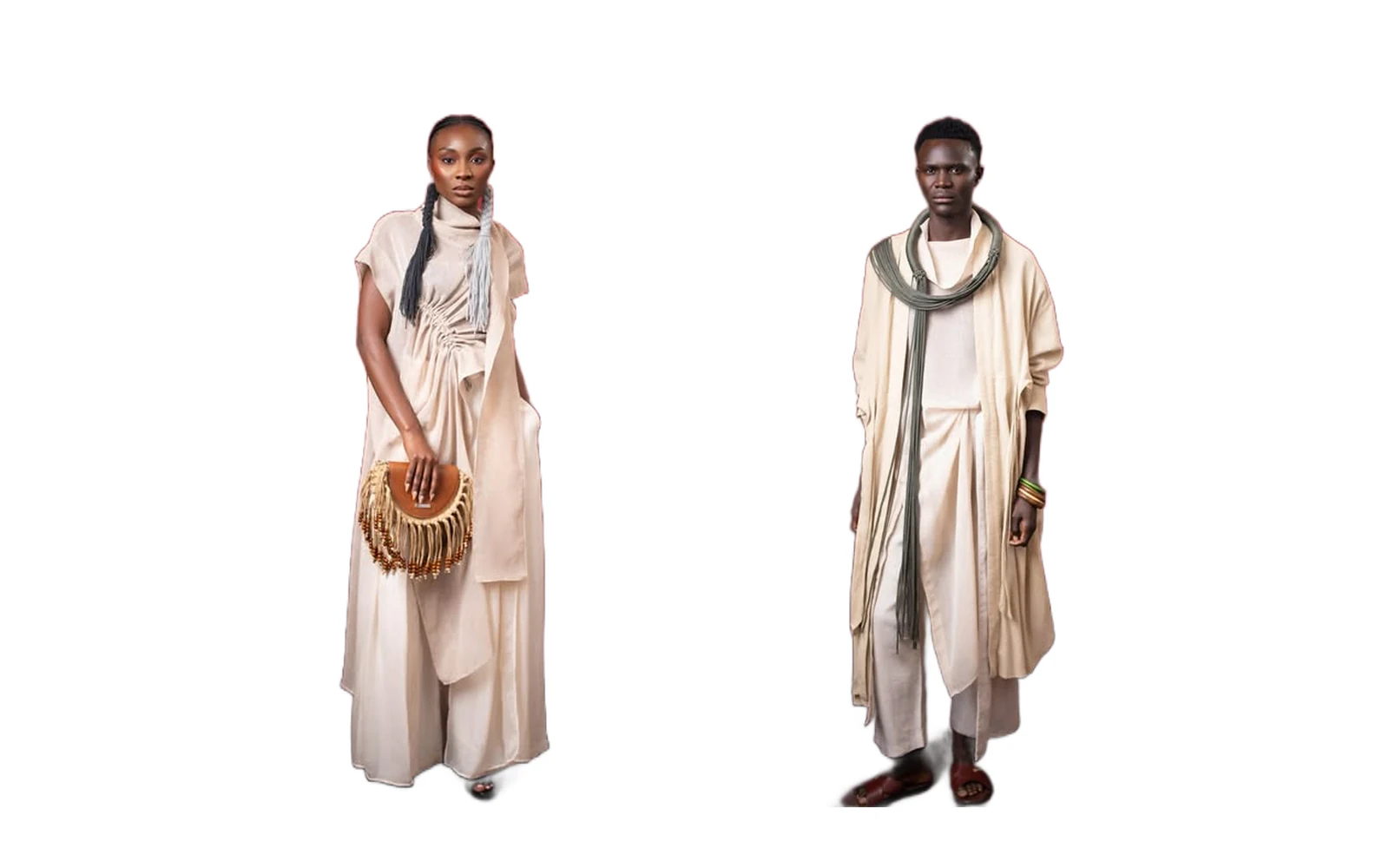 Two Haus of Stone looks presented side by side on a measurement grid — a womenswear look and a menswear look