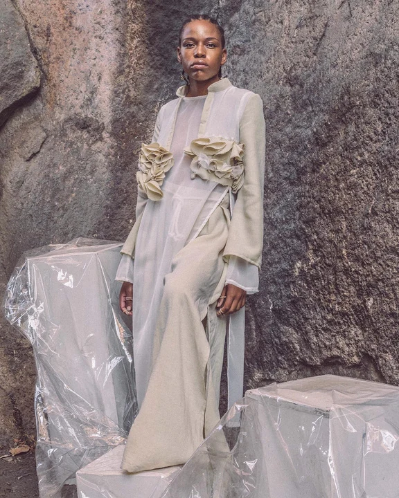 Runway look in cream handwoven cloth